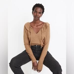 MADEWELL Tie-Neck Ruffle Pullover Brown Tan Merino Wool Blend Sweater Size XL